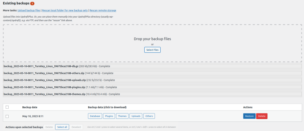 list upload file backup