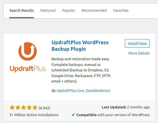 install updraftplus untuk backup WordPress menggunakan UpdraftPlus